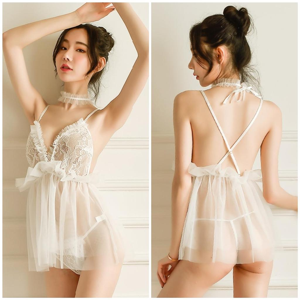 Floral Sheer Babydoll [AQURAD] Lingerie, Sexy, See-through, Ruffled, Lace, Cute, Moe, Women's (White)