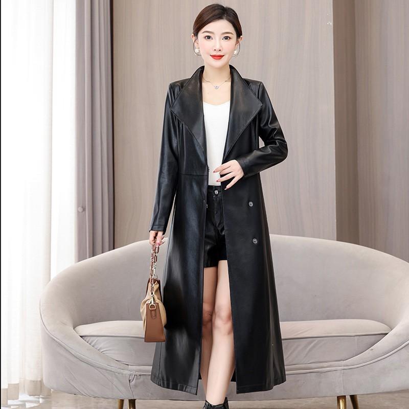 Womens Long PU Leather Trench Coat With Faux Fur Collar Winter Elegant Outerwear