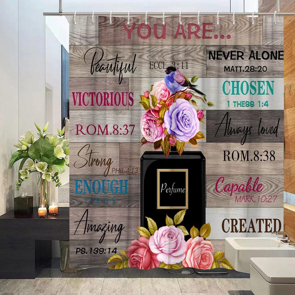 Kosmetisk Parfym och Blommig Duschdraperi och Matta Badrumssats Blommor Klackar Läppstift Hemtextil Hängande Gardiner Badrumsinredning