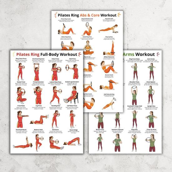3 ks Kruh pro Pilates Cvičební tabulka 10x8 palců Bezrámový plakát Zlepšení cirkulace Pilates Cvičební plán pro začátečníky Starší osoby Flexibilita