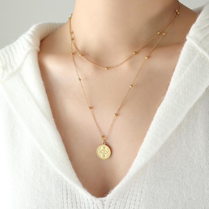 Fashion Simple Design Necklace Stainless Steel Plated 18k Gold Double Round Pendant Necklace