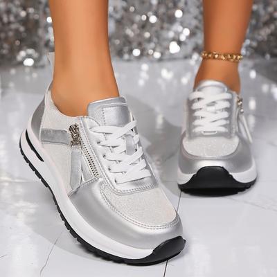 Mode Mode Or Argent Plateforme Baskets Femmes Décontracté Confort Chaussures De Sport Femme 2024 Tendance Antidérapant À Lacets Chaussures De Course Dames
