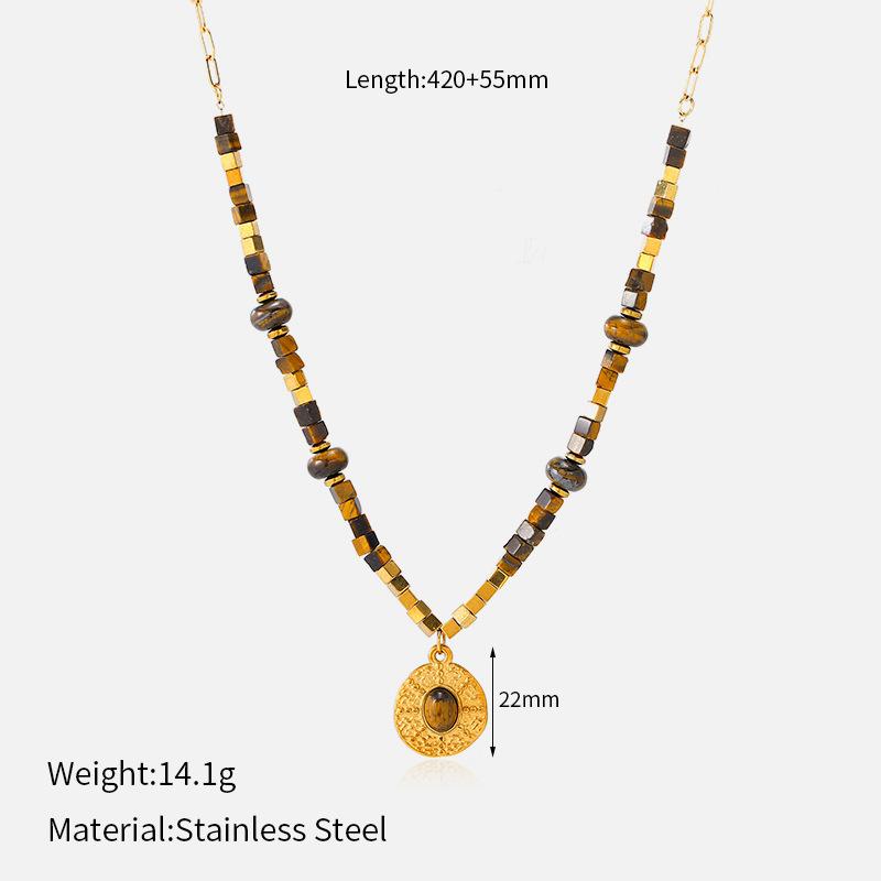 European and American light luxury retro tiger's eye stone necklace women's explosive sweater chain stainless steel collarbone neck chain fashion