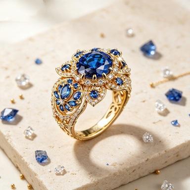 Luxury Female Blue White Zircon Big Stone Engagement Round Flower Ring Vintage Gold Color Wedding Fashion Jewelry for Women