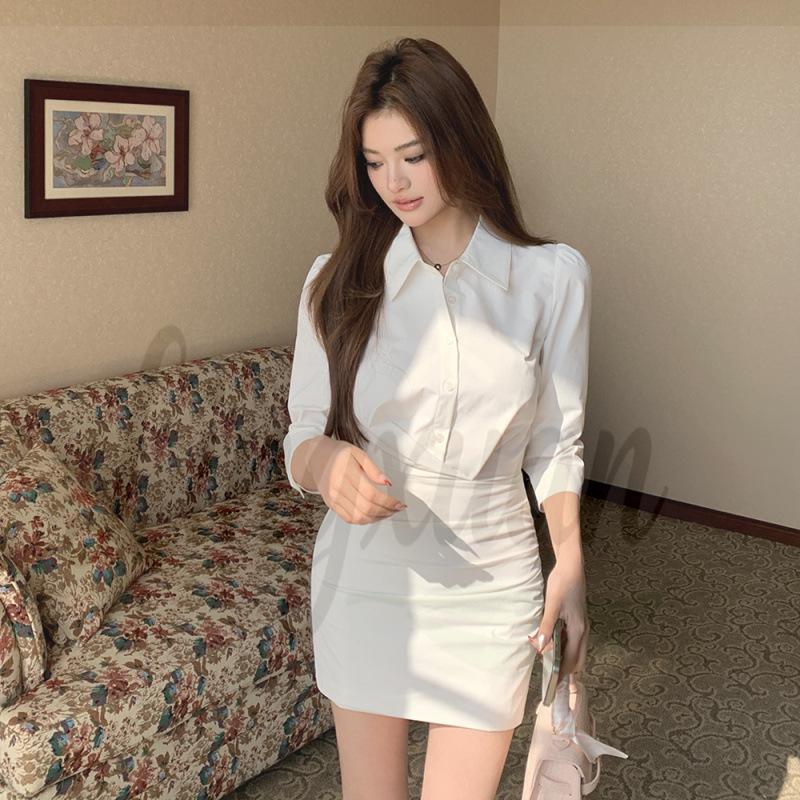 

2026 Spring Pure White Seven-Sleeve Slimming Dress: Women s Commuting Shirt with Hip-Hugging Short Skirt Large
