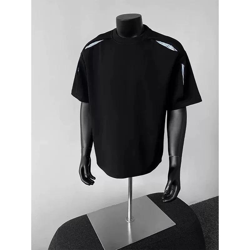 Men's Oversized Black Crew Neck T-Shirt with Minimalist Reflective Detail On Shoulders and Sleeves