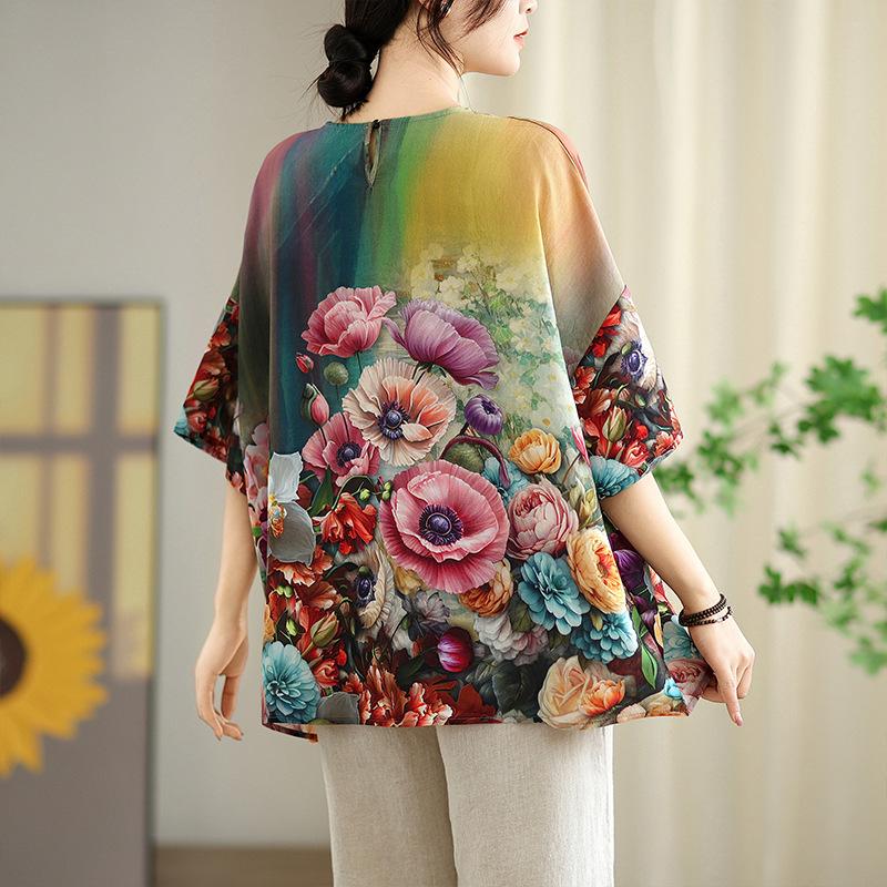 1116 Large Size Retro Cotton and Linen Printed Half-sleeved T-shirt Women's Summer Loose Fat Mm Belly Covering and Thin Foreign Style Top