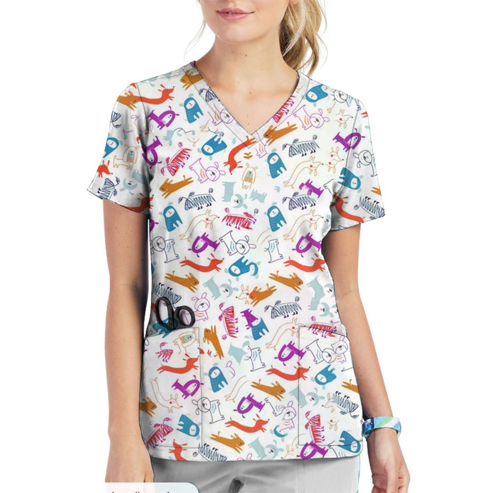 Krankenschwester Uniform V-Ausschnitt Cartoon Katze Hund Muster Bedruckte Oberteile Kurzarm Taschen Damen T-Shirts