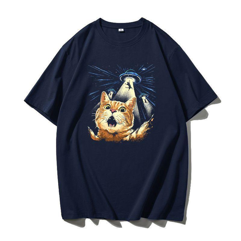 Cute Fun Cat Men's Printed Short Sleeve Summer Casual Versatile Street Atmosphere T-Shirt Cool Breathable Oversized Top