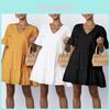 Elegant Women V-neck Plain Smock Dress With Loose Fit And Short Sleeve Design