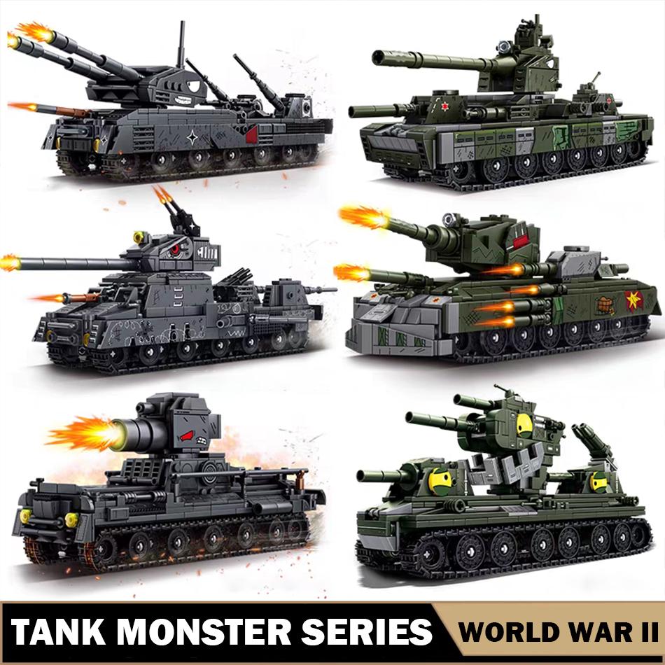 WW2 Military Cartoon Tank Monster Germany Karl Gerat Railway Gun P1000 Soviet KV 44 Model Building Blocks Bricks Toys Kids Gifts