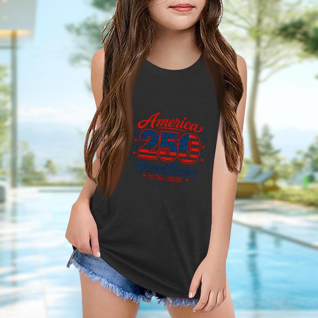 Girls  Kids Summer Crewneck Sleeveless Shirts Tank Tops Independence Day