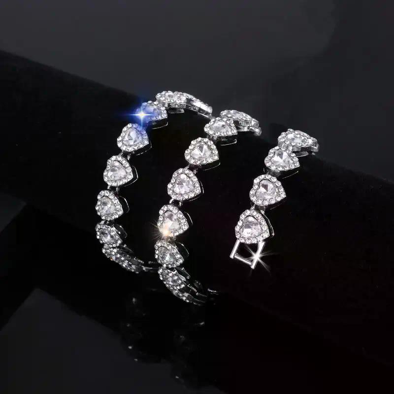 45CM New Hip Hop Tennis Chain Bracelet Necklace Shiny Heart Rhinestone CZ Fashion Rock Party Jewelry