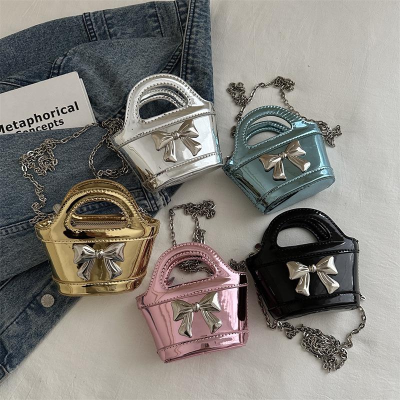 2024 Shiny Patent Leather Mini Basket Crossbody Bag with Laser Chain for Kids and Women