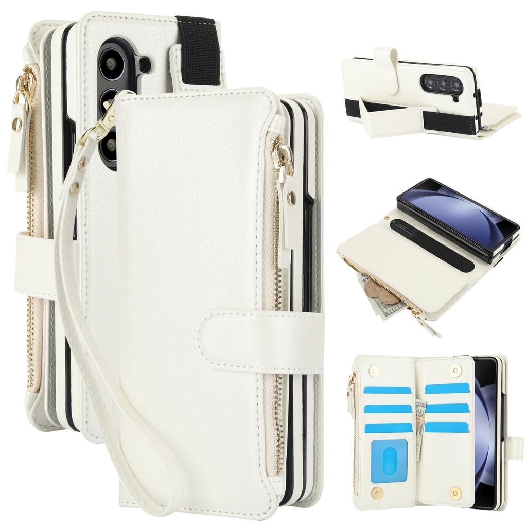 Crossbody Lanyard Leather Phone Case for Samsung Galaxy Z Fold 3 4 5 6 7 with Wristband Wallet Card Holder Protective Cover