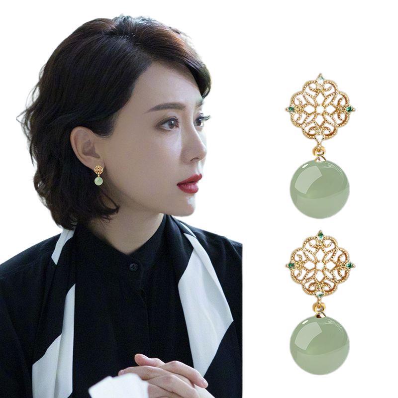 Ice Type Hetian Jade Gold Stud Earrings - Vintage Niche Design for Women, 2025