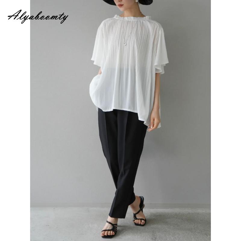 Korean Style Spring Summer Women Casual Loose Blouse Ruffled Collar White Black Pleated Blouse Batwing Sleeve Elegant Office Lady Blouse