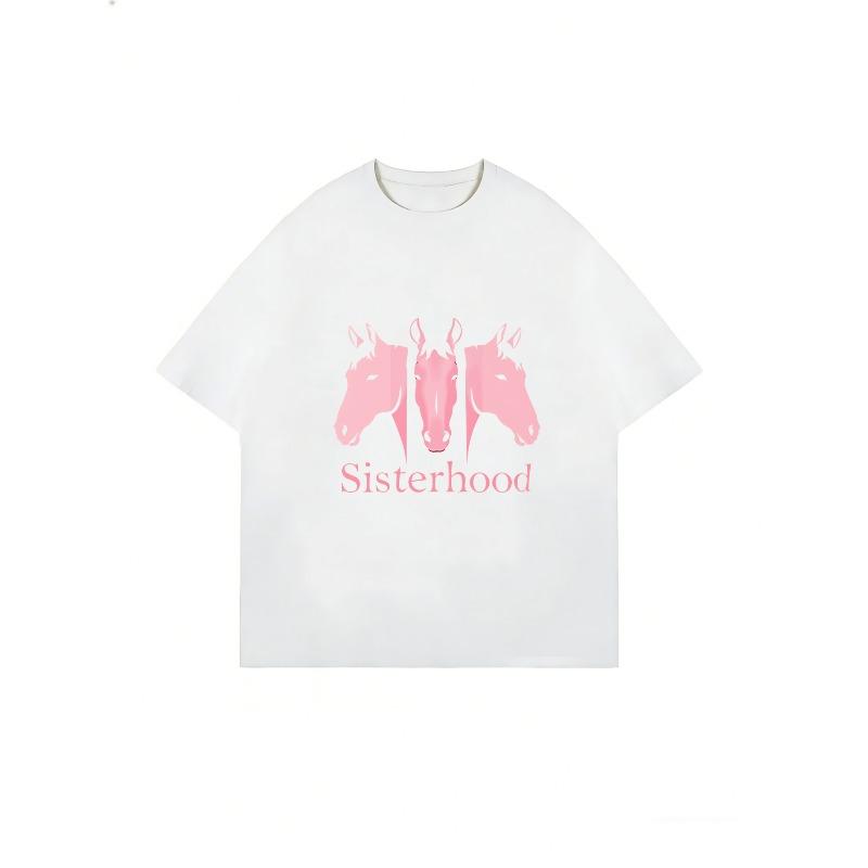 Oversized T-Shirt Black Horse Heads And Sisterhood Text Print Casual Wear For Women