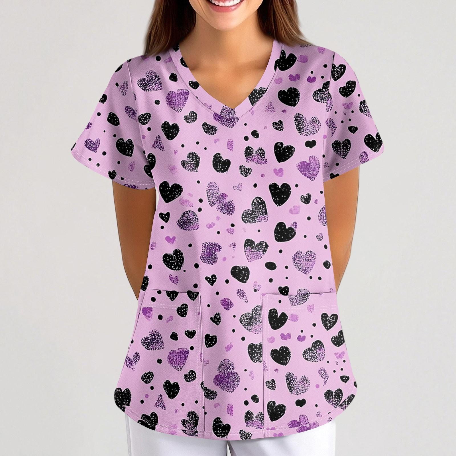 

Робоча уніформа з друкованим малюнком великого розміру Топи для жінок з хрестовим V-подібним вирізом Хеллоуїн з принтом з короткими рукавами Веселі футболки Робочий одяг Футболка з кишенями XXXXXL фіолетовий