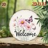 Round Metal Welcome Sign with Butterfly and Flower Decor for Garden Patio