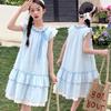 Robe d'été style coréen pour filles avec bretelles, col rond, patchwork de dentelle, jupe superposée, bordure en dentelle, longueur midi, pour les 8 ans et plus