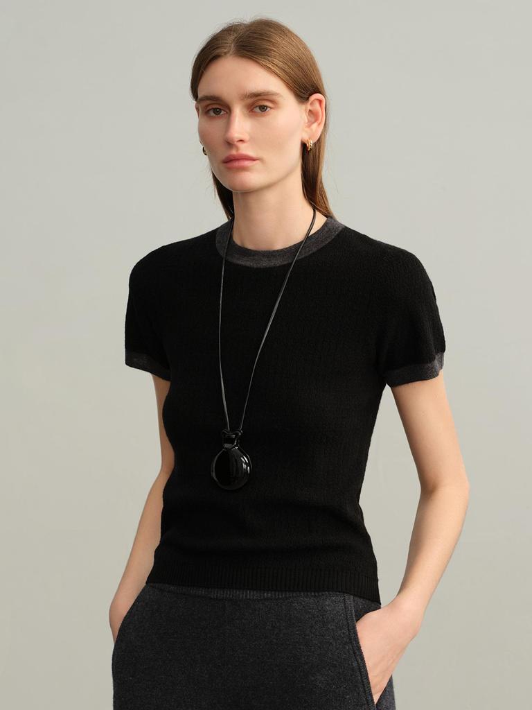 Autumn/Winter Women's Color Block Edge Round Neck Short Sleeve Wool Sweater - Breathable Knitwear Base Layer