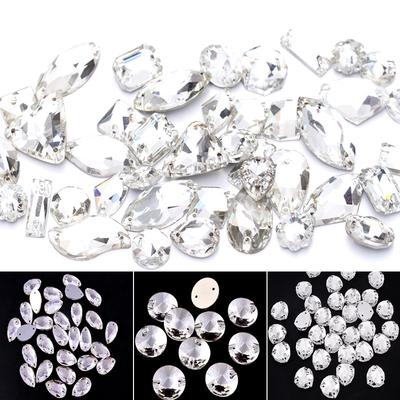 Glas Flachboden Weiß Handgenäht Bohrer, Wassertropfen Verschiedener Boden Flache Schnalle Doppelloch DIY Kleidung Gepäck Schönheit Schmuck Zubehör