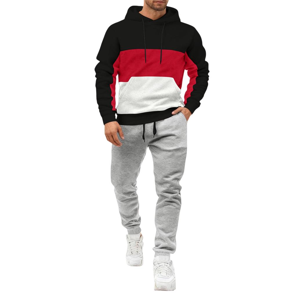 Men's Color Block Hoodie and Jogger Pants Set - Casual Winter Tracksuit