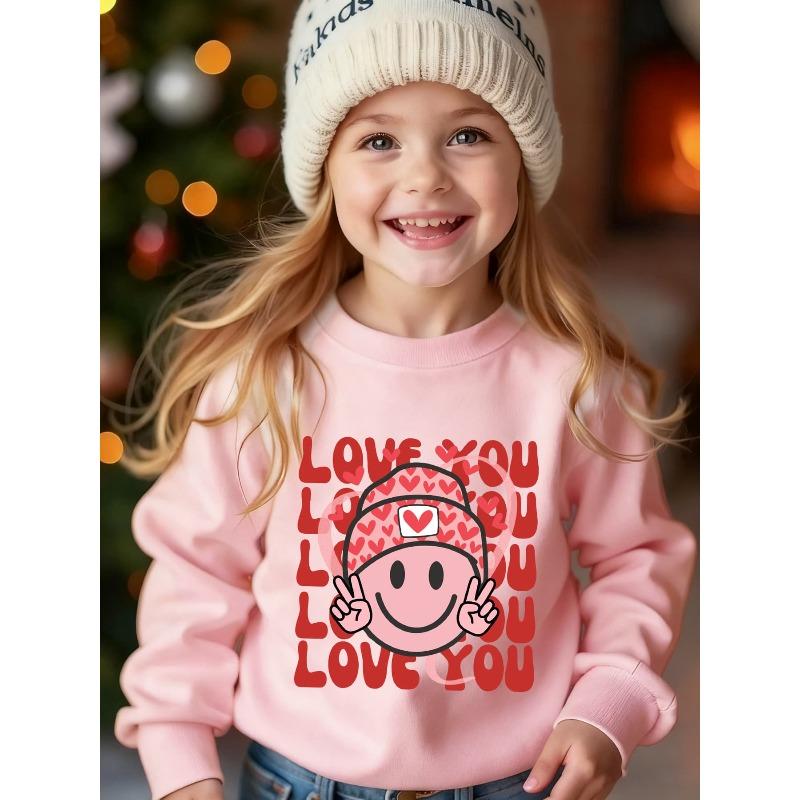 Kids Sweatshirt Valentine's Day Girls' Autumn/Winter Fashion -Lined Sweatshirt "LOVE YOU" with Smiling Face Cartoon Print Wearing a Heart Hat