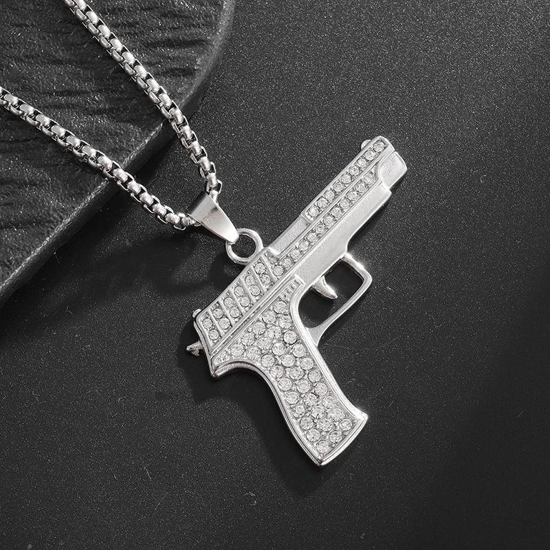 Hip-Hop Crystal Pistol Pendant, Personalized Men and Women Punk Cool Rock Rap Trend Necklace Trend Jewelry Gift