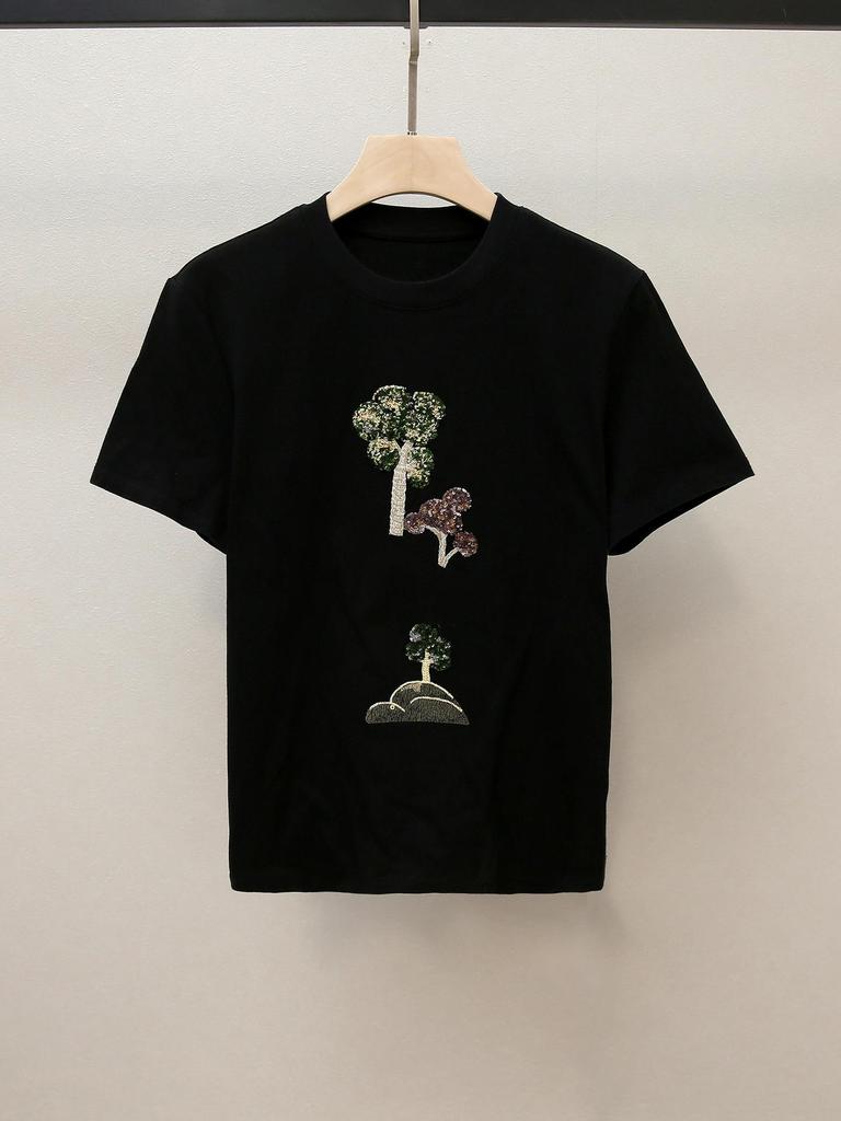 T-shirt da Donna Autunnale Ricamata Girocollo Manica Corta di Alta Gamma