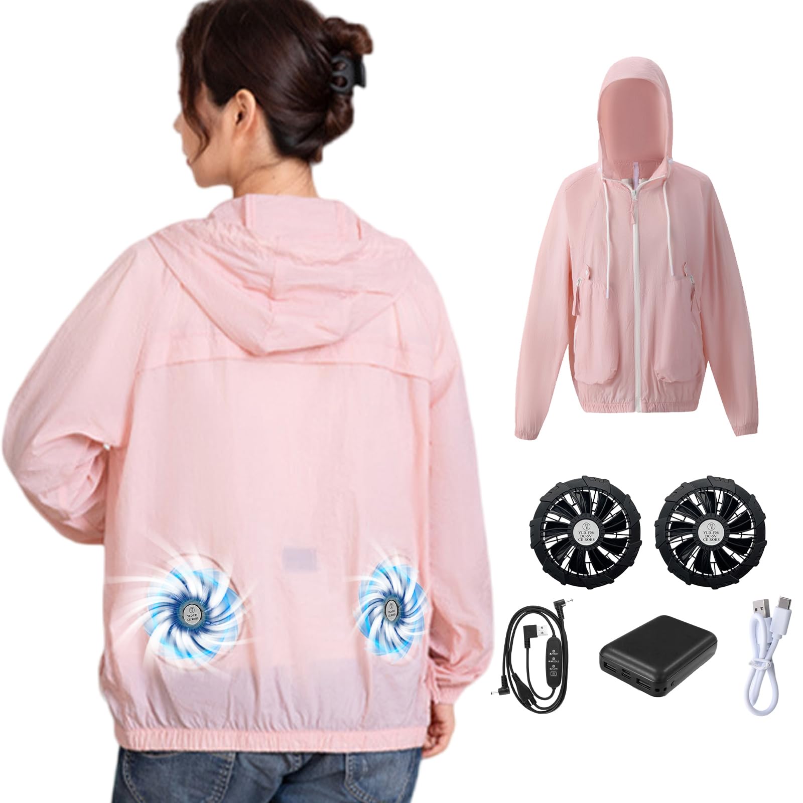 

YORIYOI Длинный полный комплект для женщин и с большим вентилятором для охлаждения 3D-циркуляция 3 регулируемых воздушных потока Предотвращение теплового удара Размер Одежда для работы с кондиционером, розовый