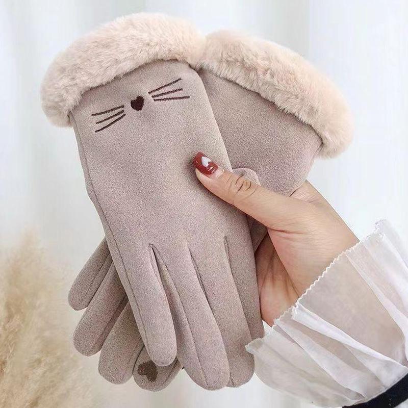 Winter Rabbit Fur Mouth Full Finger Touch Screen Plus Velvet Warm Gloves For Women