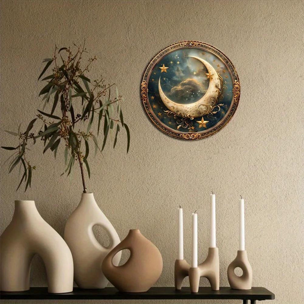 Round Wooden Decor Sign, Vibrant Stars and Moon Themed Wreath Design, Perfect for Home, Cafe, Wall Decoration