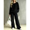 Women Ribbed Knit 2 Piece Outfit Round Neck Long Sleeve Top Drawstring Wide Leg Pants Casual Loungewear Matching Set