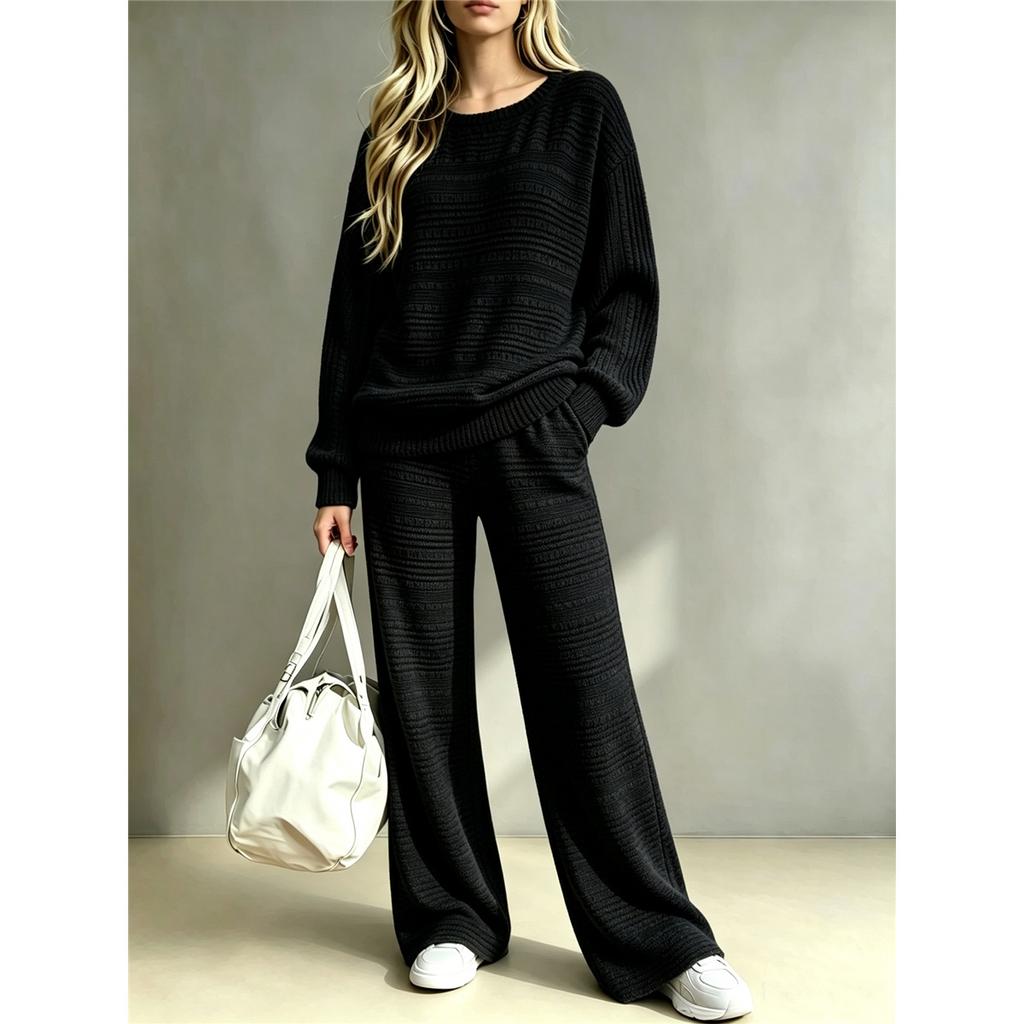 Women Ribbed Knit 2 Piece Outfit Round Neck Long Sleeve Top Drawstring Wide Leg Pants Casual Loungewear Matching Set