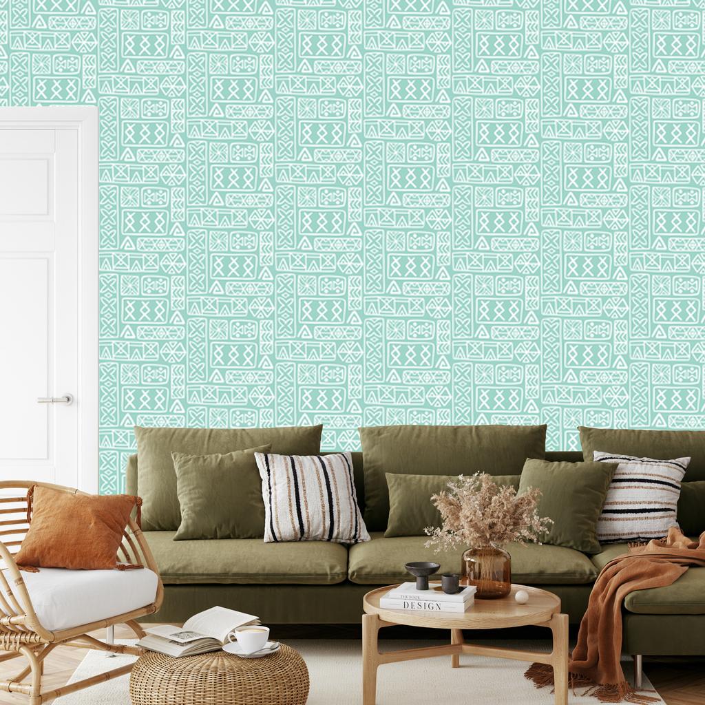 Polynesian Geometric Pattern Wallpaper Mint and White 50x1000
