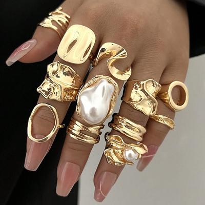 12pcs Vintage Chunky Irregular Faux Pearl Ring Sets for Women Fashion Geometric Flower Liquid Hollow Metal Rings Elegant Jewelry