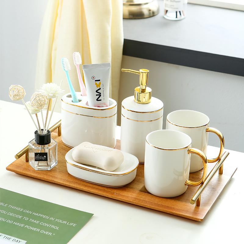Bathroom Set with Tray Golden Stripes Ceramic Shower Gel Bottle Hand Washing Fluid Bottle Soap Dishes Mouthwash Cup Toiletries