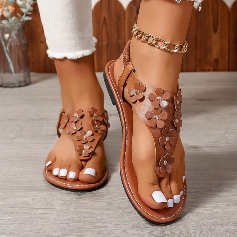 Women's Bohemian Toe Post Flat Sandals, Floral Summer Slip-On Shoes