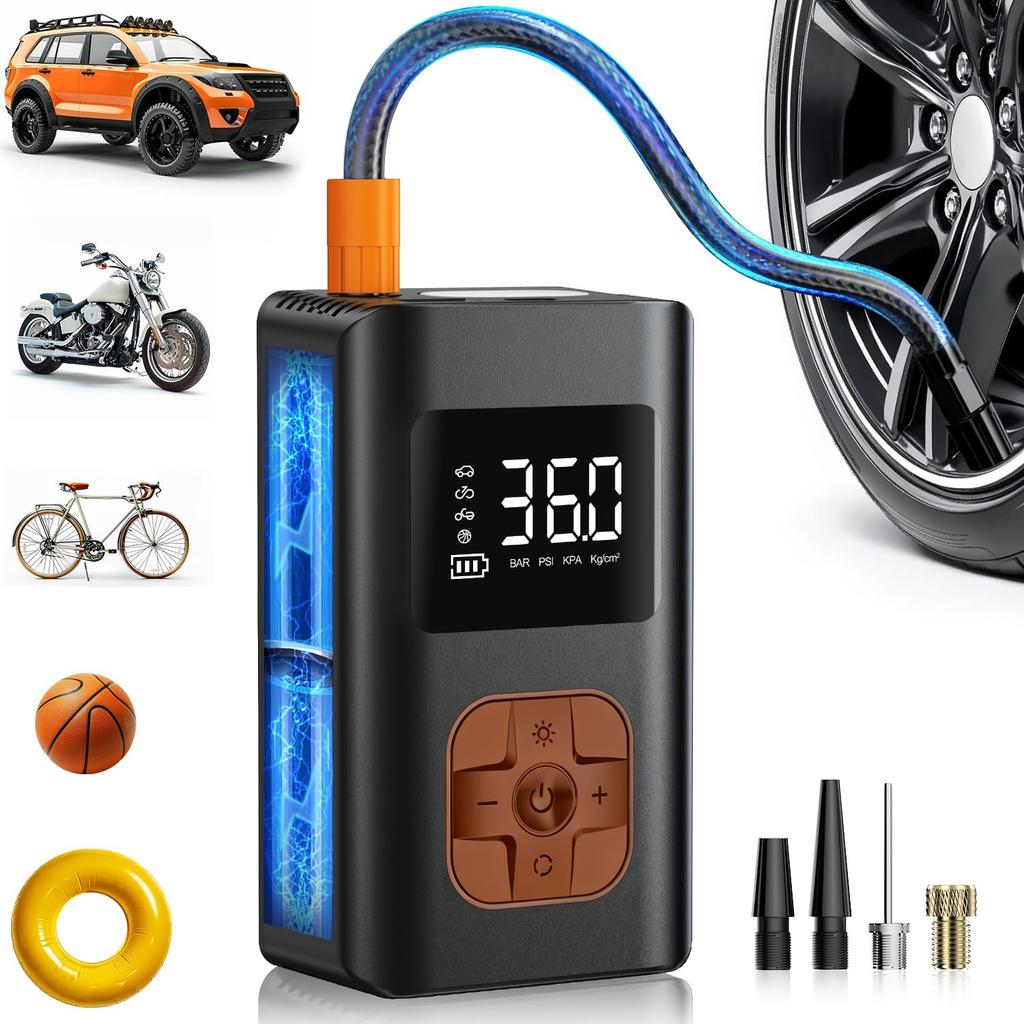 Tire Inflator Portable Air Compressor - 150 PSI Portable Air Pump for Car Tires, Cordless Electric Bike Tire Pump with Digital Pressure Gauge, LED
