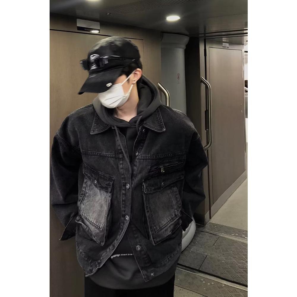 American high street tie-dye denim jacket men s spring and autumn trendy brand retro loose casual tooling jacket top M чёрный