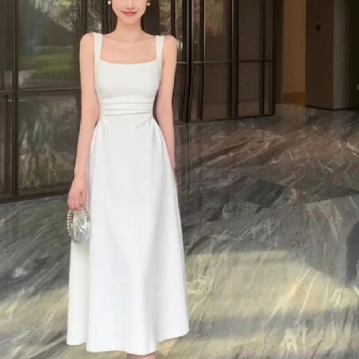 

Платье-сарафан в стиле французского Хепберна 2024 года, черно-белое, для девочек - Летняя длинная юбка, Дизайн королевской сестры 2X-Large белый