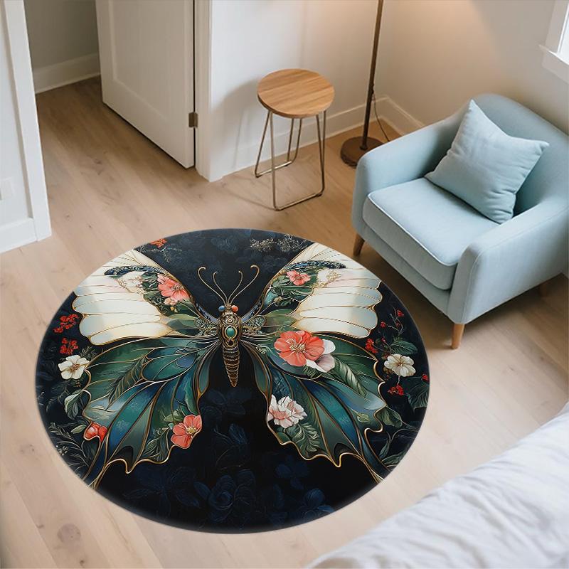 Flower Butterfly,Round Area Rug,Carpet Rug for Living Room Bedroom Sofa Playroom Decor,Non-slip Floor Mat