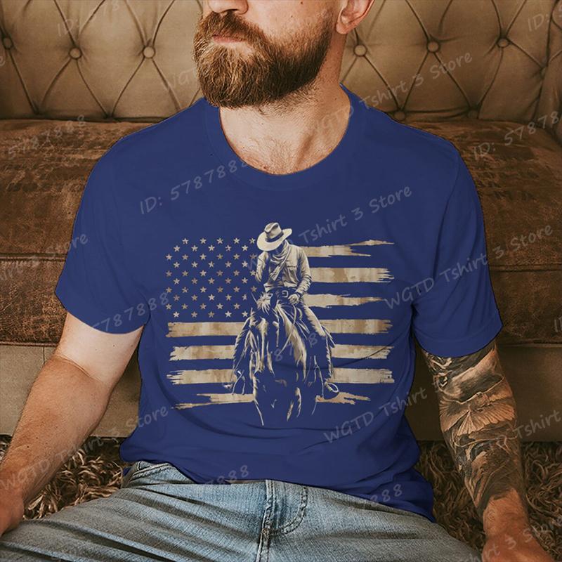 Cowboy with American Flag Pattern Print T Shirt Tees for Men Casual Short Sleeve TShirt for Summer Vintage Graphic Tshirts