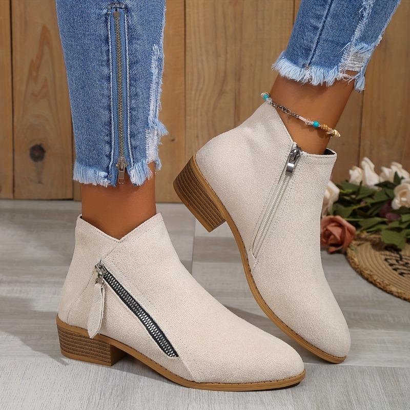Dámské jednobarevné boty na silném podpatku, ležérní boty na zip s špičatou špičkou, pohodlné kotníkové boty