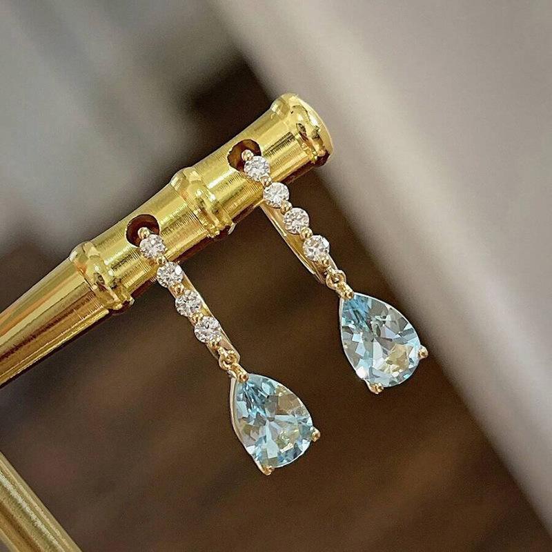 Teardrop Sea Blue Gem Pendant Earrings, Straight Diamond Huggie Women s Ring with Blue Gem Pendant, Elegant Bridal Jewelry Gift