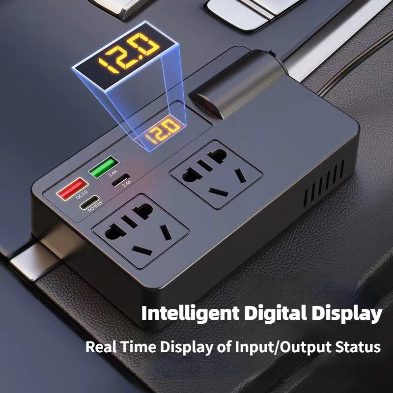 Intelligenter 4-Port-Auto-Wechselrichter mit QC3.0, Typ-C PD und LED-Anzeige – Universelles 12–24-V-Fahrzeugladegerät