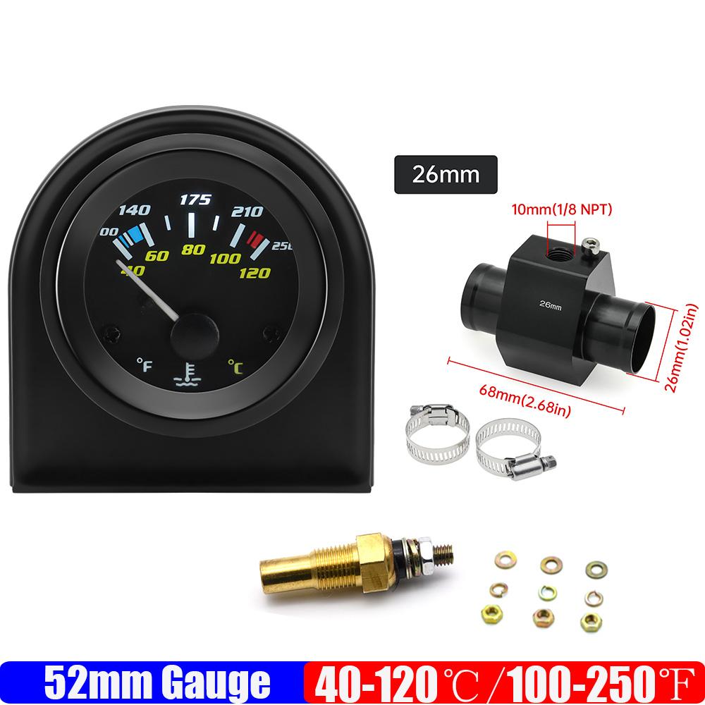 Medidor de Temperatura del Agua de 2" 52mm con Adaptador de Sensor 40-120℃ 100-250℉ Medidor de Temperatura del Agua para Coche de Carreras de Gasolina Automóvil 12V