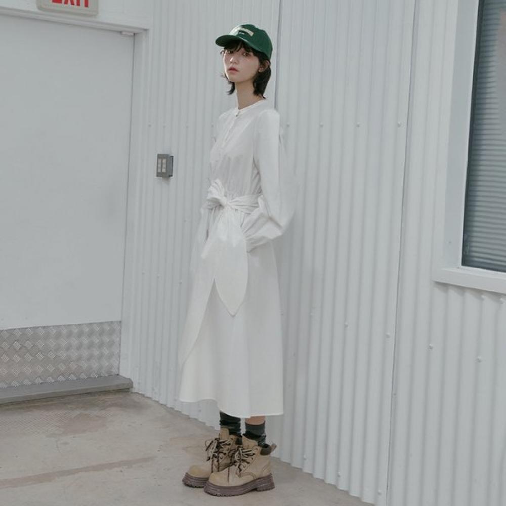 Lap Henley Neck Waist Tie Long Dress As1wo262